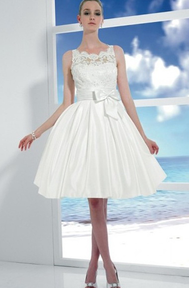 Robe de mariée à la plage à A-ligne décolleté carrée en taffetas et dentelle avec ruban