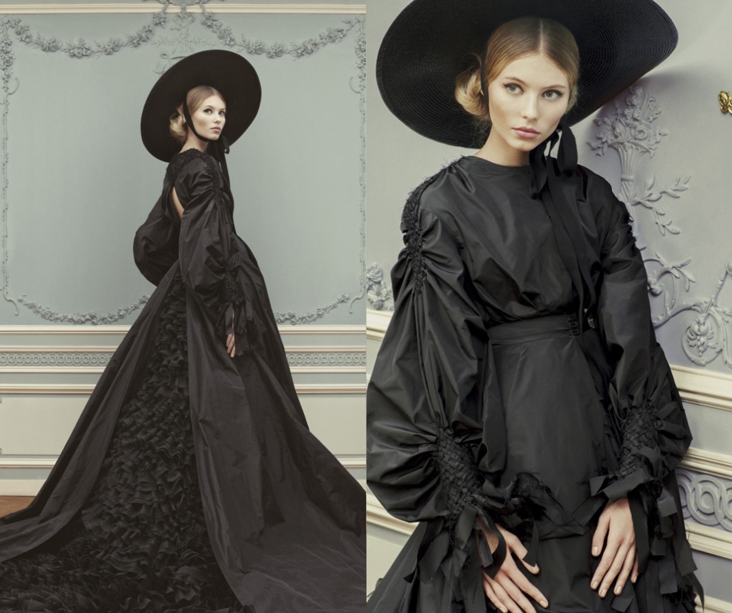 Robe de mariée noire avec un chapeau noir à grand bord, cette robe noire issue de la collection 2013 d'ulyana sergeenko