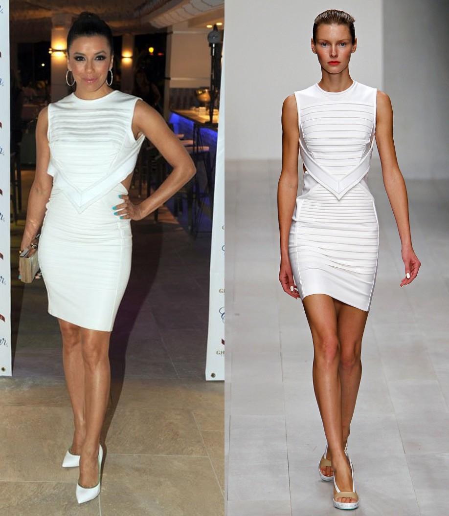 Eva Longoria dans une robe blanche le 3 août 2013 en Espagne