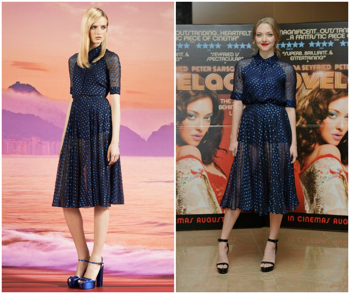 Amanda Seyfried portant une des robes de la collection croisière 2014 de la maison Gucci à l’avant-première du film « Lovelace » à Londres