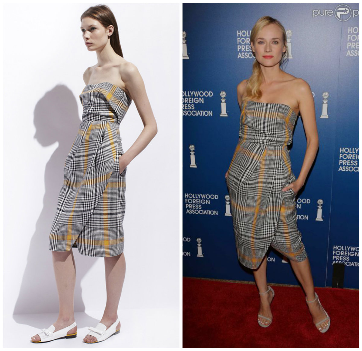 Diane Kruger porte une robe bustier imprimée de la collection croisière 2014 de la griffe Carven