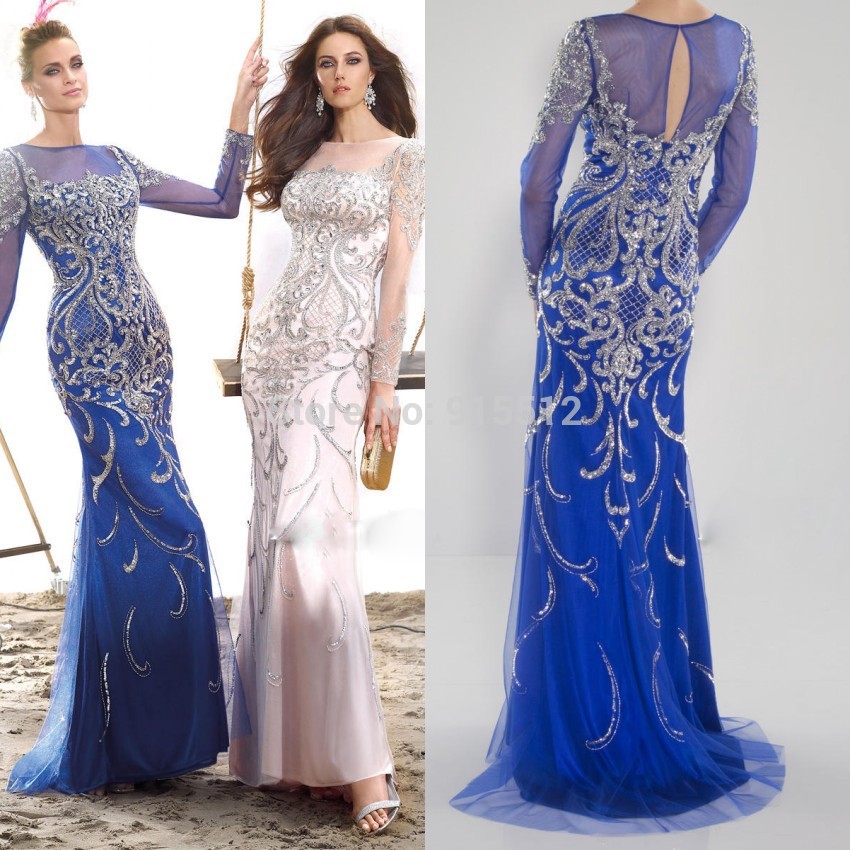 2015-New-Scoop-Neckline-Long-Sleeve-Luxury-Floor-Length-Intricate-Design-Beading-Sexy-Women-font-b