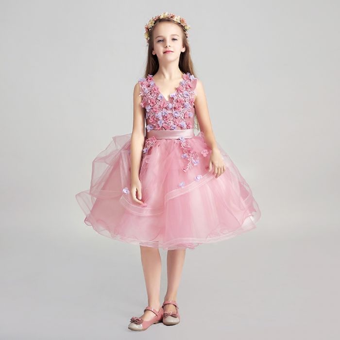 robe de cérémonie fille orné de fleur col en V