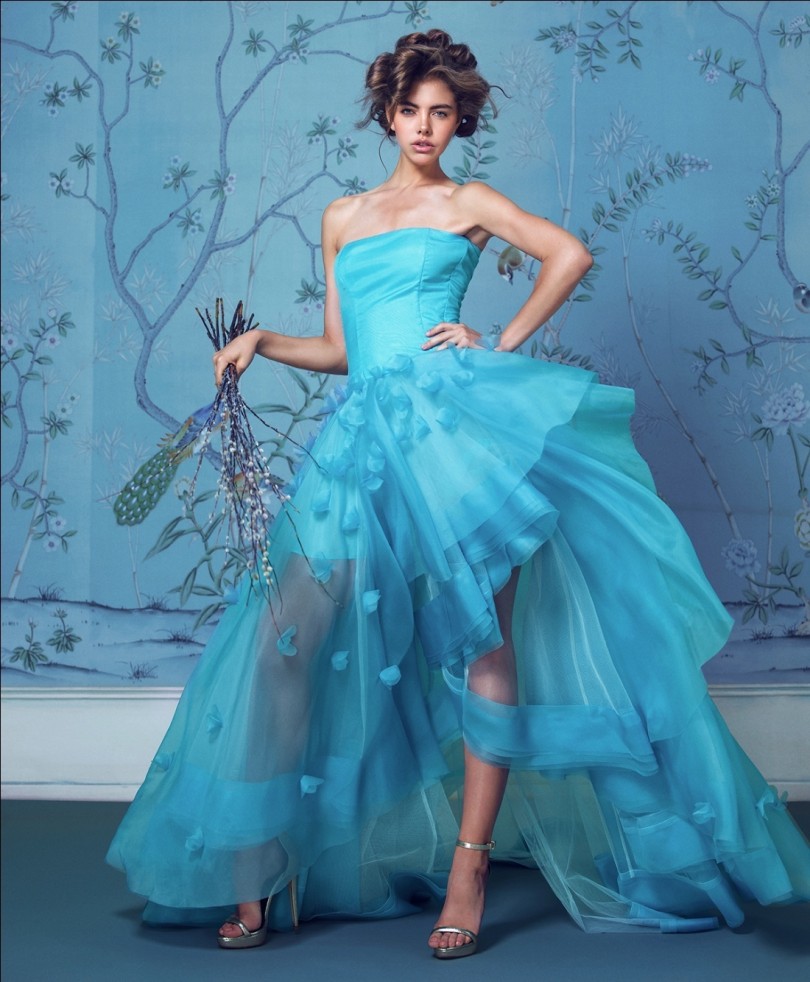 robe de mariée bleu princesse style bascule à fleurs 3D