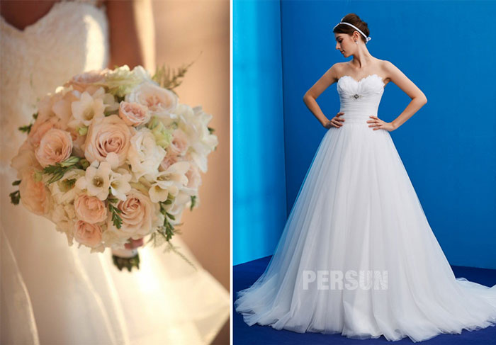 bouquet rond et robe de mariée princesse bustier coeur 2019