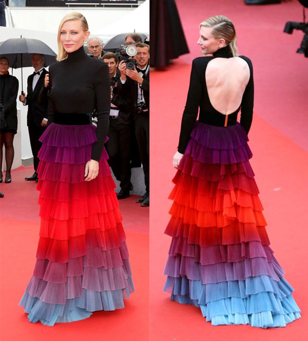 robe de soirée colorée à manche longue dos découpé Cate Blanchett