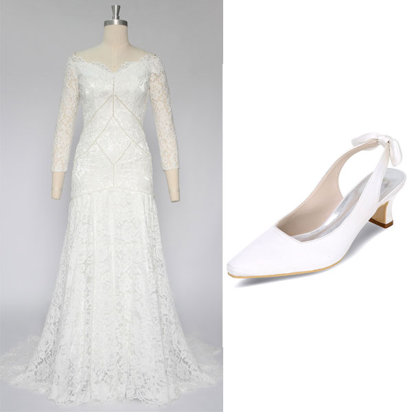 robe de mariée manche longue en dentelle et Slingback blanc à talon carré