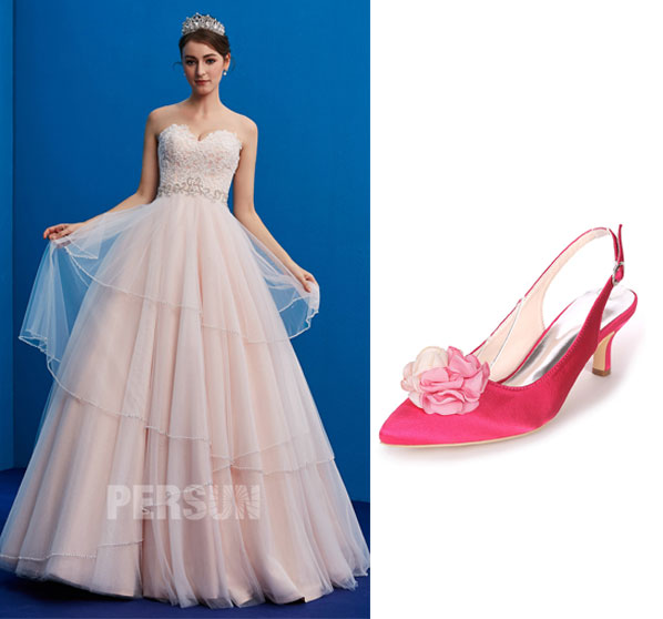 robe de mariée 2019 bustier coeur appliqué de dentelle et chaussures de mariage rose fuchsia orné de fleurs