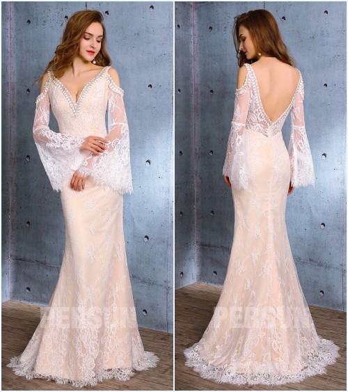robe de mariée sexy 2019 en dentelle avec manche évasée