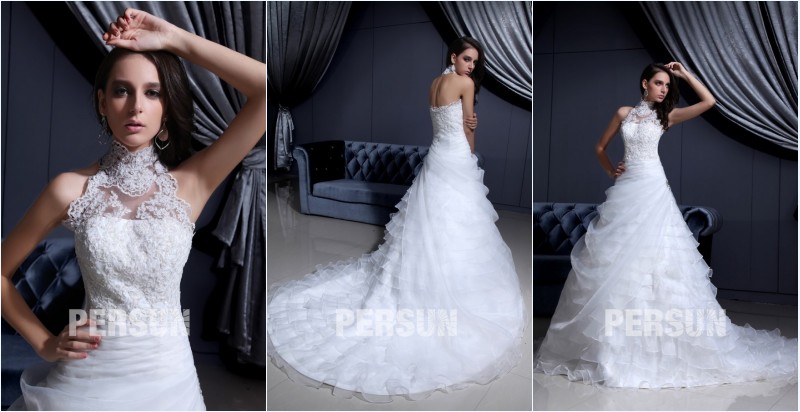 robe de mariée halter princesse appliqué de dentelle