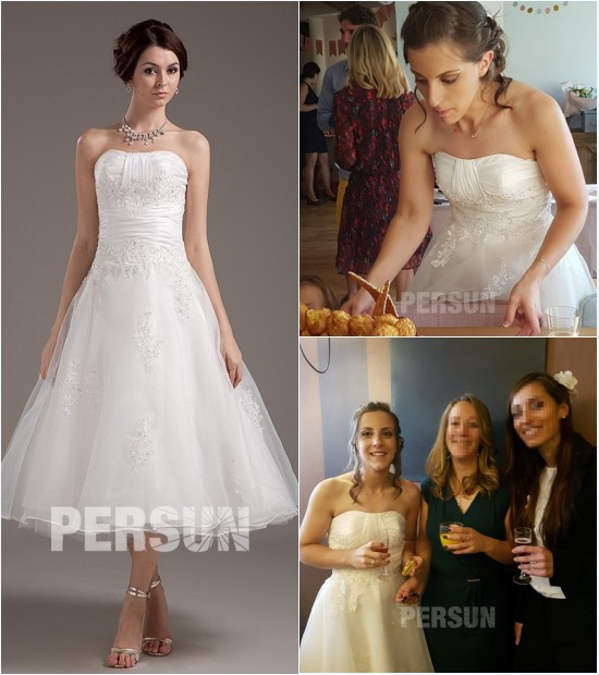 robe de mariée courte bustier droit avec appliques & bijoux