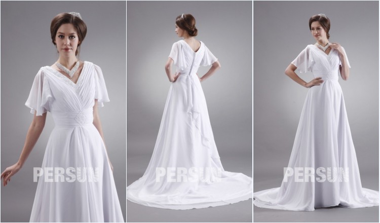 robe de mariée plage col en V plissé & perlé