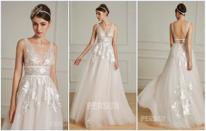 robe de mariée rose pale 2019 appliqué de dentelle