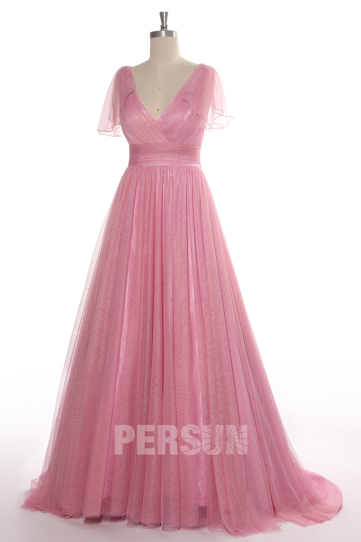 robe de mariée rose style bohème col en V