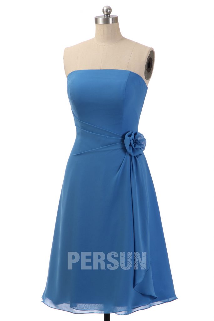 robe de soirée courte simple bleue taille ornée de fleur fait-main