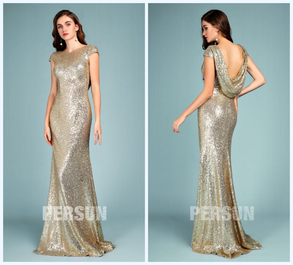 robe de soirée longue sirène couvert de paillettes doré mancheron et dos nu drapé