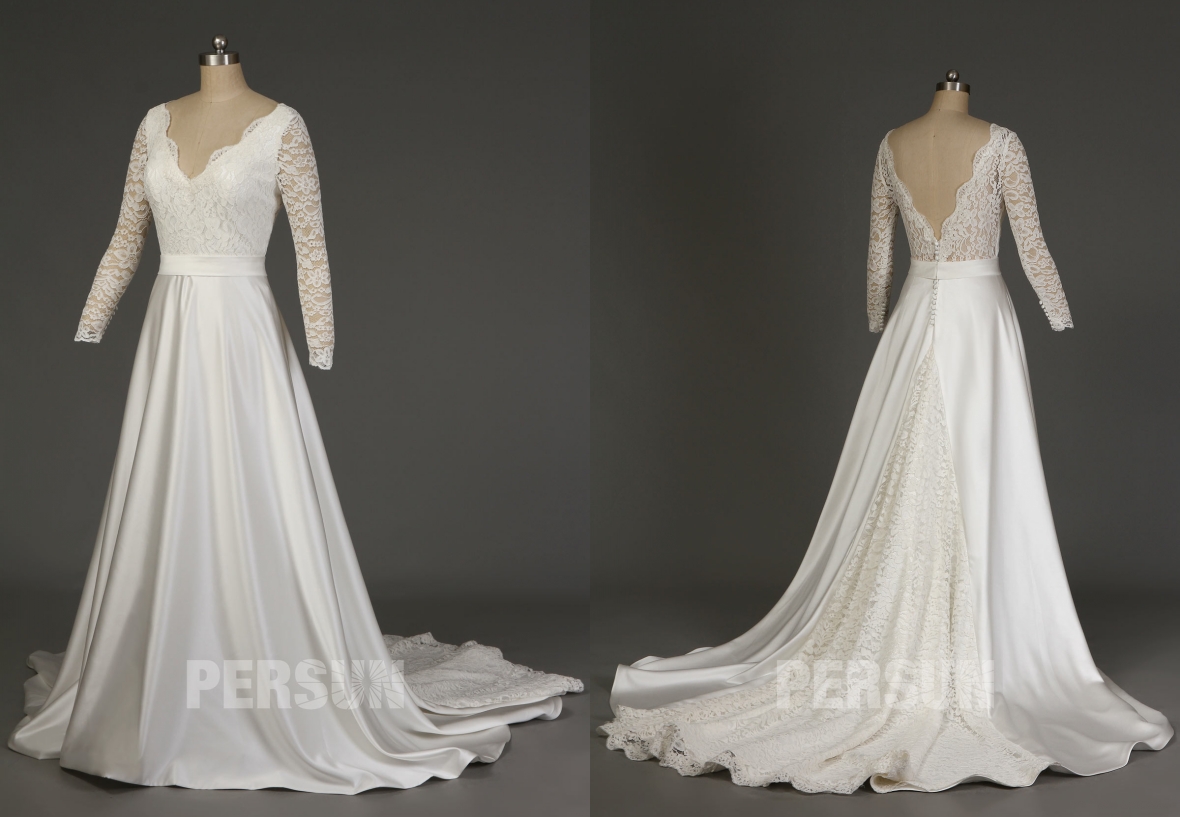 robe de mariée 2019 vintage col v en dentelle col et dos v avec traîne chapelle à manche longue