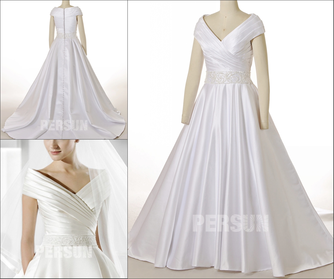 robe de mariée princesse décolleté v à enveloppe bustier plissé taille embelli de perlettes