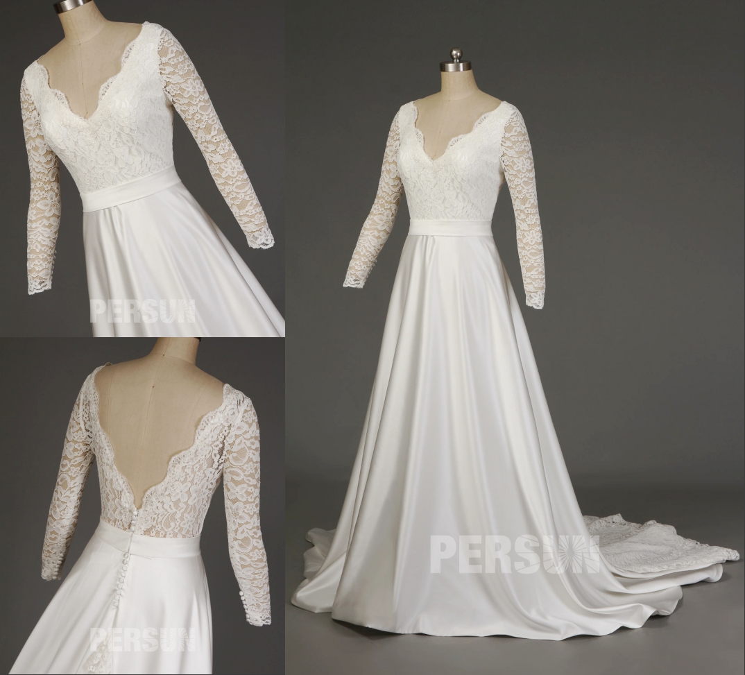 robe de mariée vintage décolleté v haut en dentelle appliquée avec manches longues à traîne cathédrale