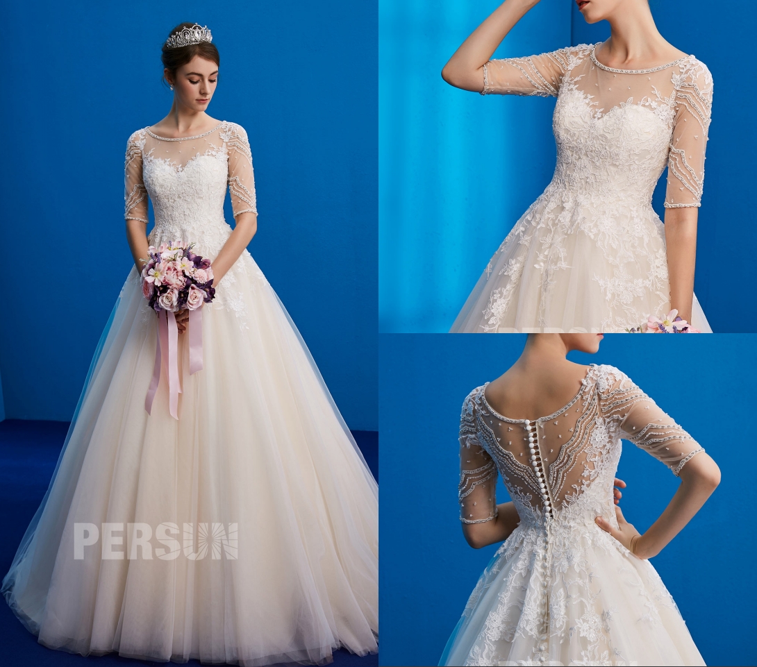 robe de mariée princesse classique col illusion dos transparente embelli de strass et de sequins à manche courte