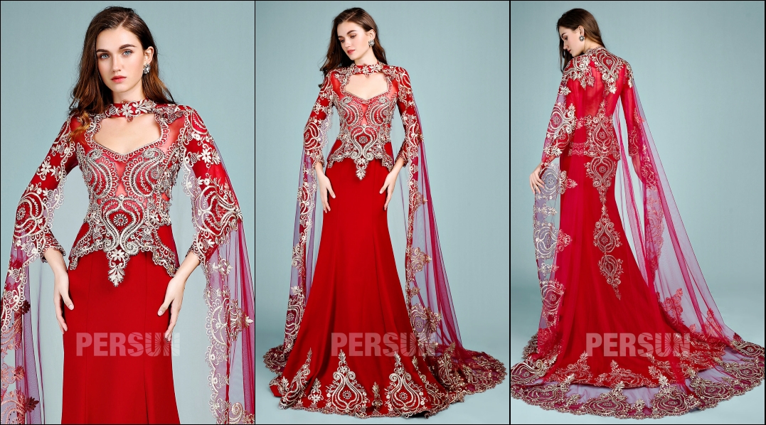 robe de mariée rouge style indien appliquée de dentelle guipure dorée manches longue avec cape fantaisie