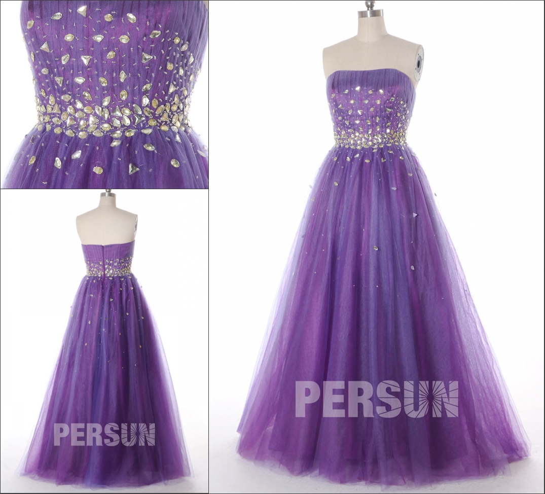 robe de soirée princesse violette bustier ornée de cristaux