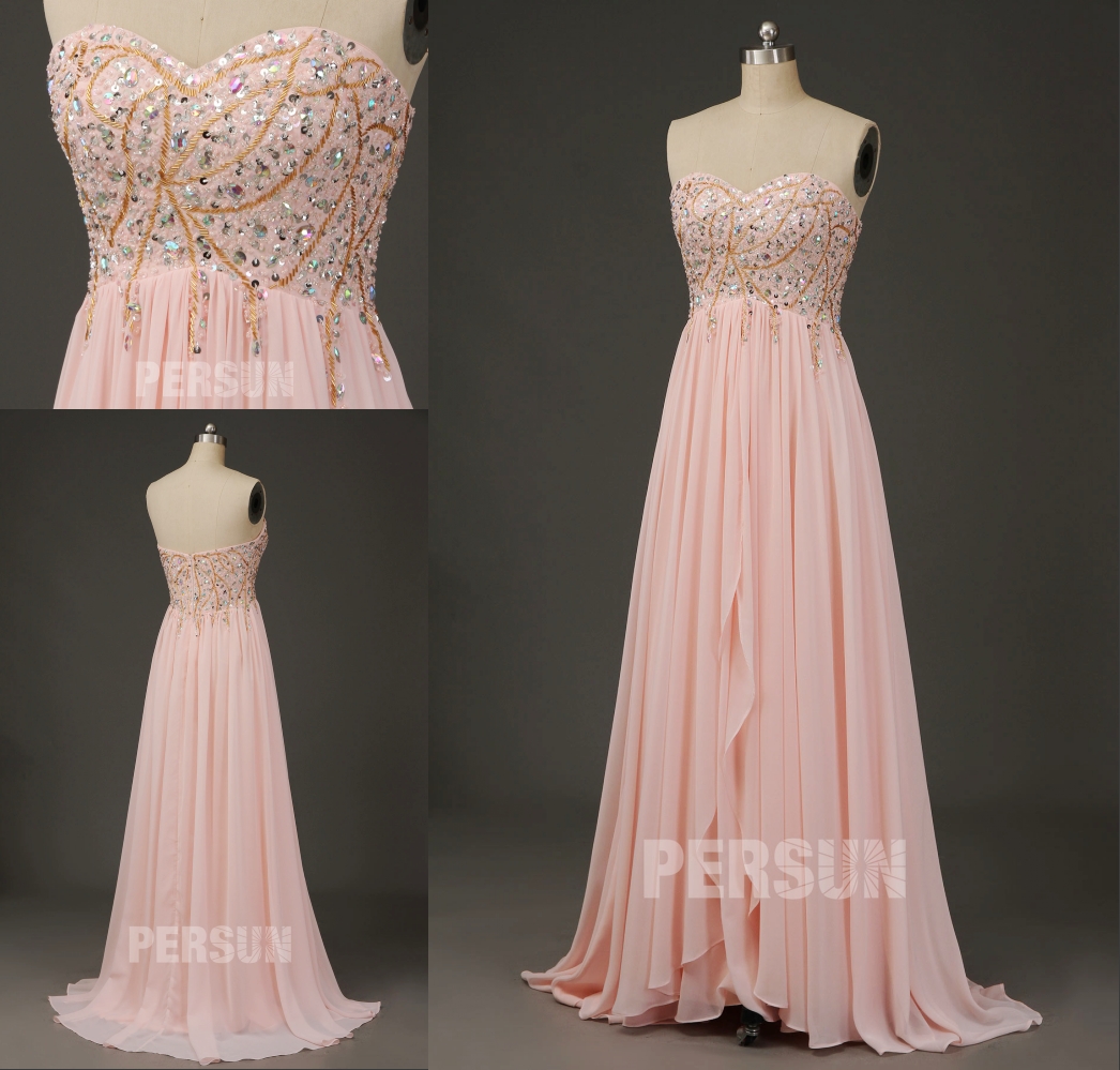 robe de cérémonie rose bustier coeur ornée de strass et sequins exquis