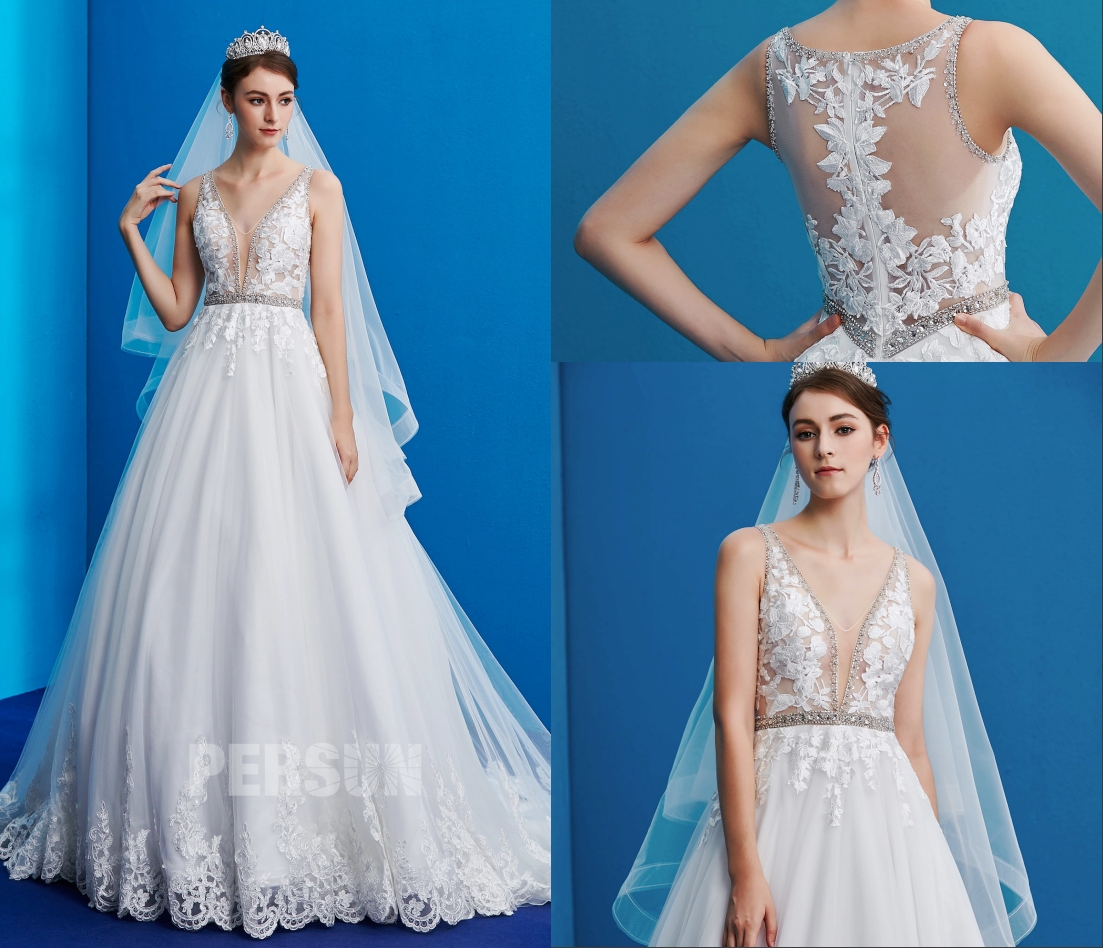 robe de mariée sexy col v plongeant haut en dentelle florale et dos nu transparent embelli de perle