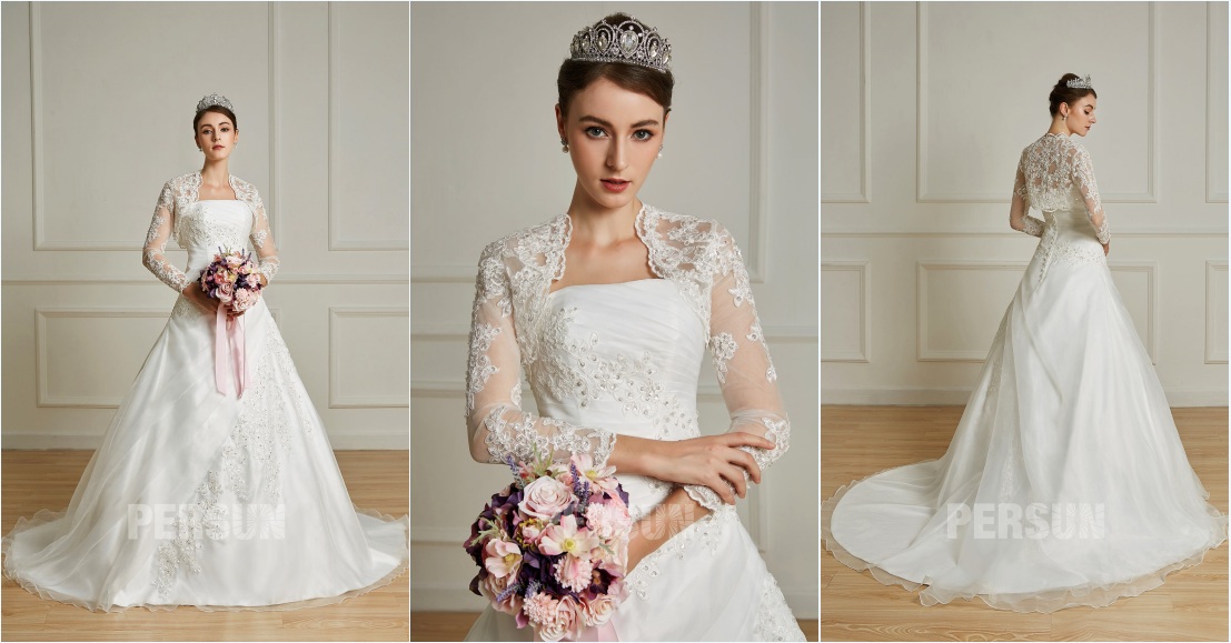 robe de mariée princesse manche longue en dentelle appliquée exquise 