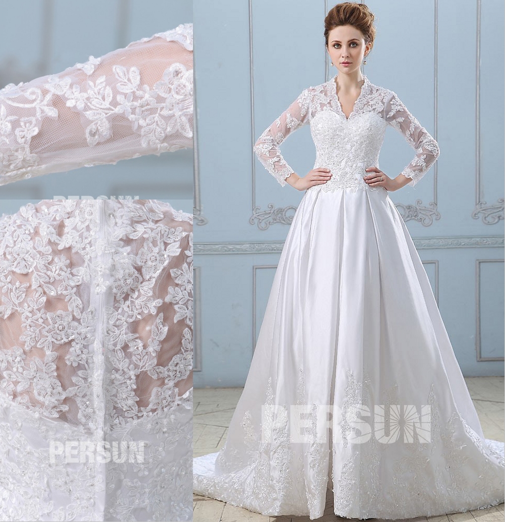 robe de mariée vintage à manche longue haut en dentelle et jupe brodé 