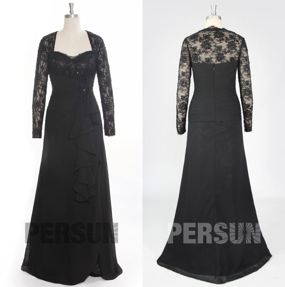robe de soirée longue noire en dentelle manche longue pour enterrement
