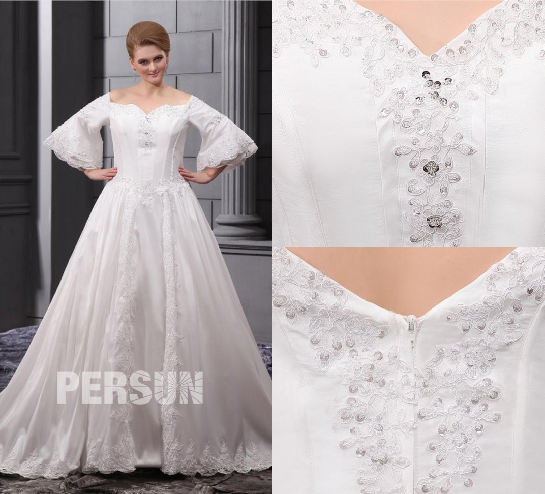 robe de mariée grande taille vol bateau avec manche évasée appliquée de dentelle et de sequins