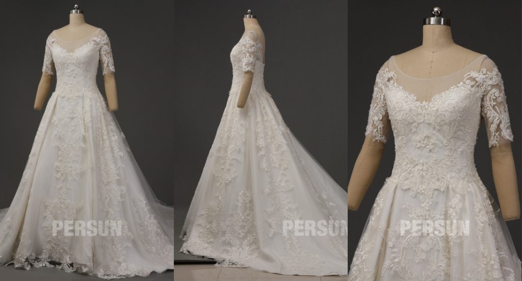 robe de mariée vintage princesse manche courte col arrondie illusion en dentelle appliquée exquis