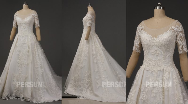 robe de mariée vintage princesse manche courte col arrondie illusion en dentelle appliquée exquis