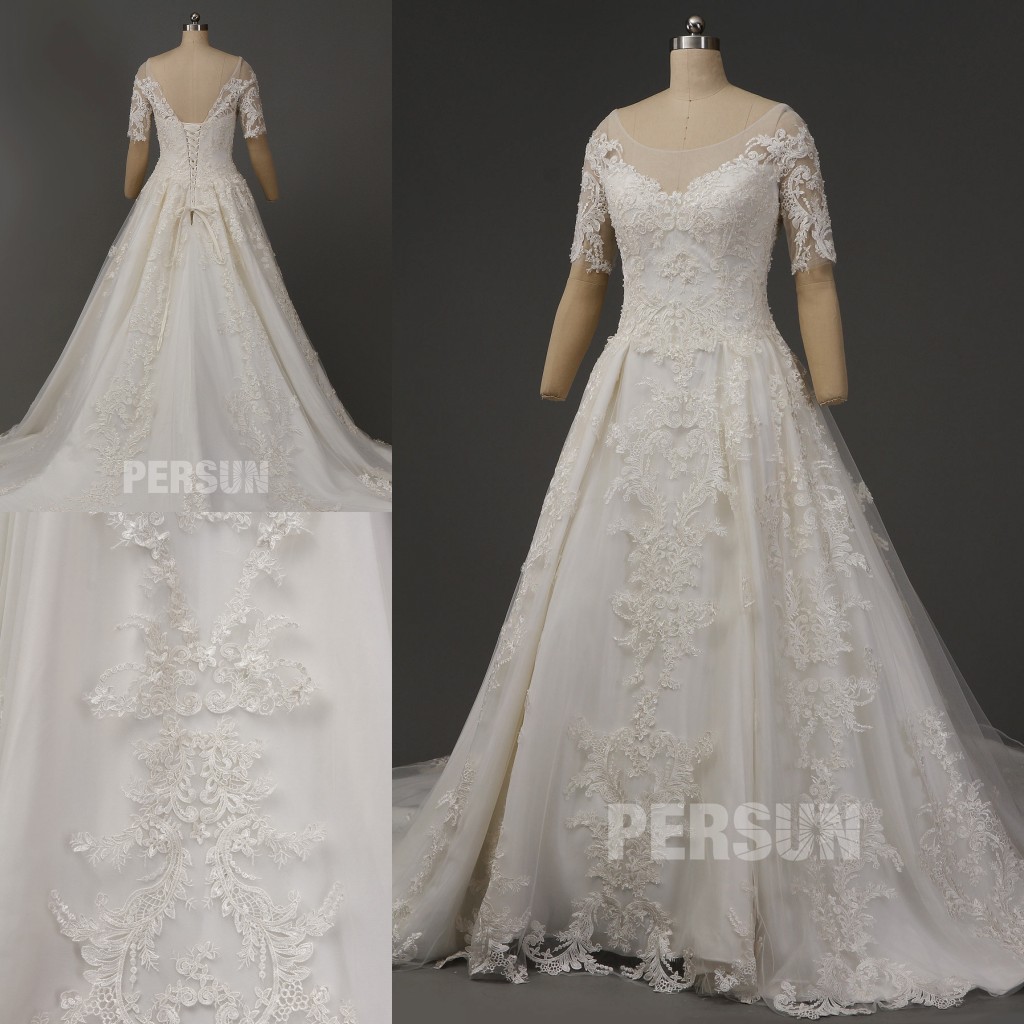 robe de mariée princesse royale en dentelle appliquée avec manche courte