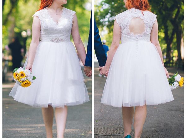 robe de mariée grande taille courte en dentelle à dos découpé