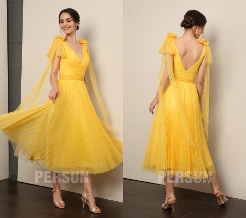 Robe demoiselle d'honneur jaune midi en tulle à plumetis