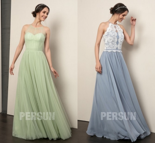 Robe demoiselle d'honneur longue verte & bleu serenity