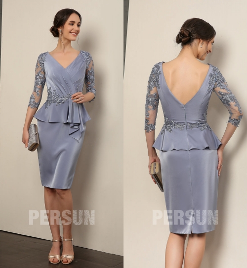 Robe de cocktail bleu gris col & dos en V jupe péplum