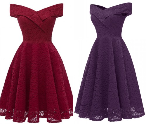 Robe demoiselle d'honneur bordeaux & violette épaules dénuée en dentelle