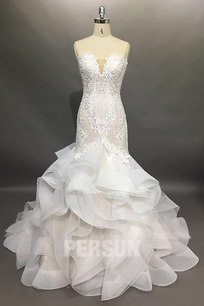 Robe de mariée sirène en dentelle à jupe volants