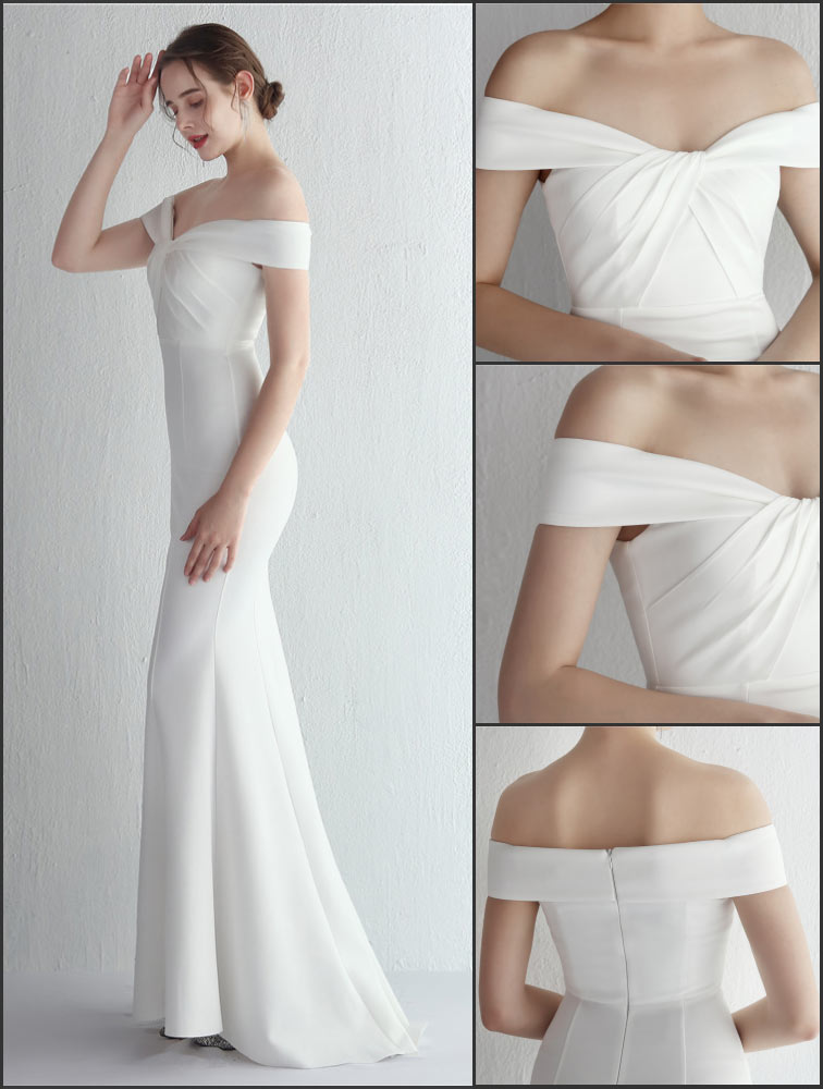 Robe soirée sirène blanche bustier drapé épaules dénudées