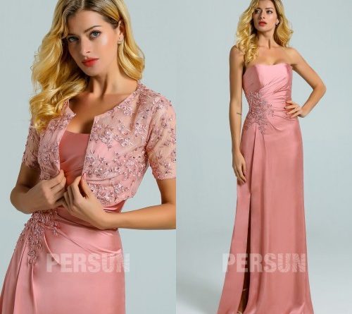 Robe soirée fluide en mousseline satinée rose carnation avec boléro appliqué