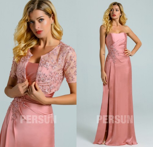 Robe soirée fluide en mousseline satinée rose carnation avec boléro appliqué