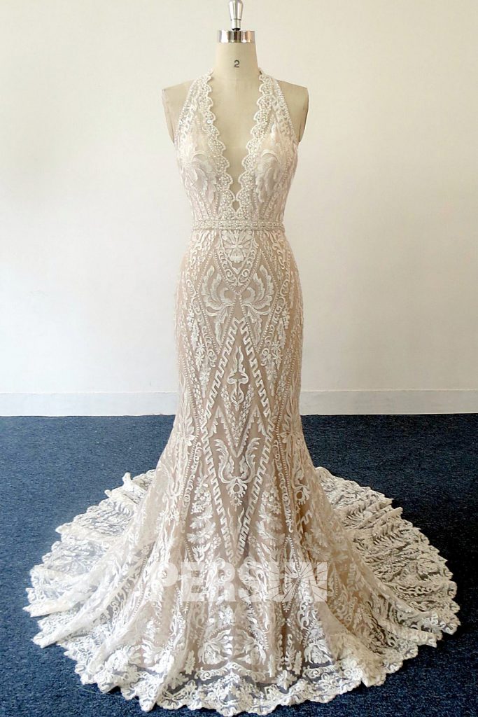 Robe de mariée sirène tour du cou en dentelle à traîne royale