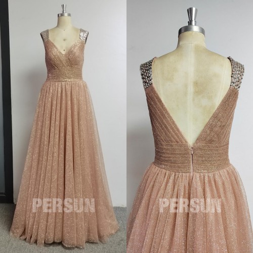 Robe de bal décolleté en V en sequins à mancheron orné de strass