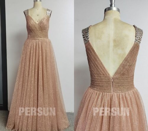 Robe de bal décolleté en V en sequins à mancheron orné de strass