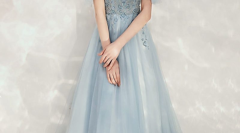 Robe de bal dusty bleu épaule découverte avec bretelles Spaghetti