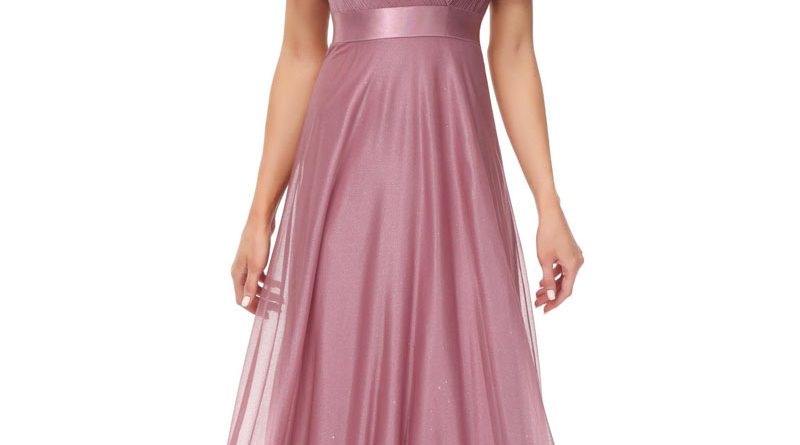 Robe soirée rose carnation col en V en tissu brillant