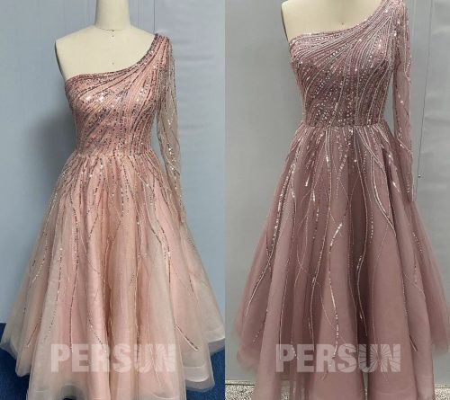 Robe de soirée rose poudré encolure asymétrique mi longue